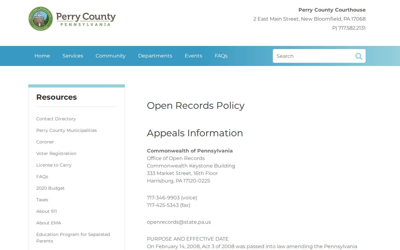 Perry County arrest records Right-to-Know request page