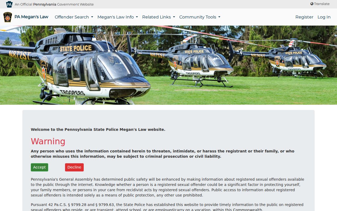 Pennsylvania State Police Megan's Law public registry search gateway